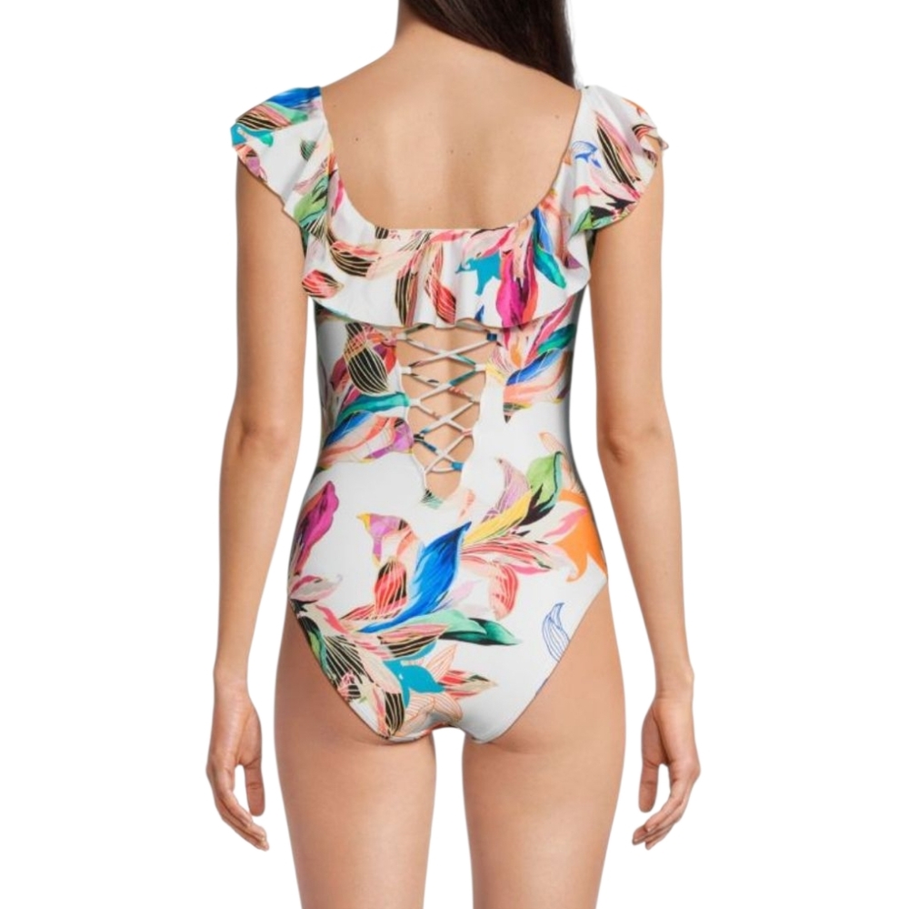 La Blanca One Piece Swimsuit - Women's Size 12 NWT Ruffle Floral Tropical Pool - Picture 2 of 16
